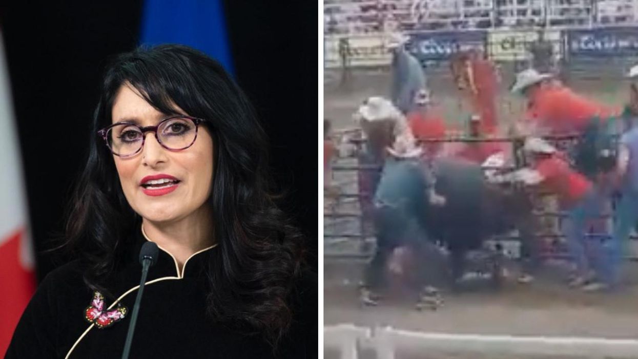 Leela Aheer. Right: A bull charging at someone at Strathmore Rodeo.