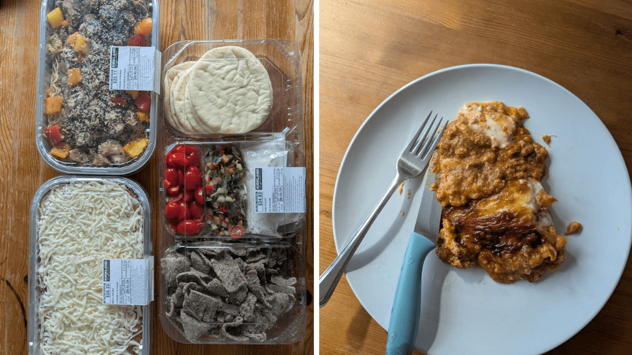 Left: 3 Costco premade meals in packages; right: a piece of lasagna on a plate