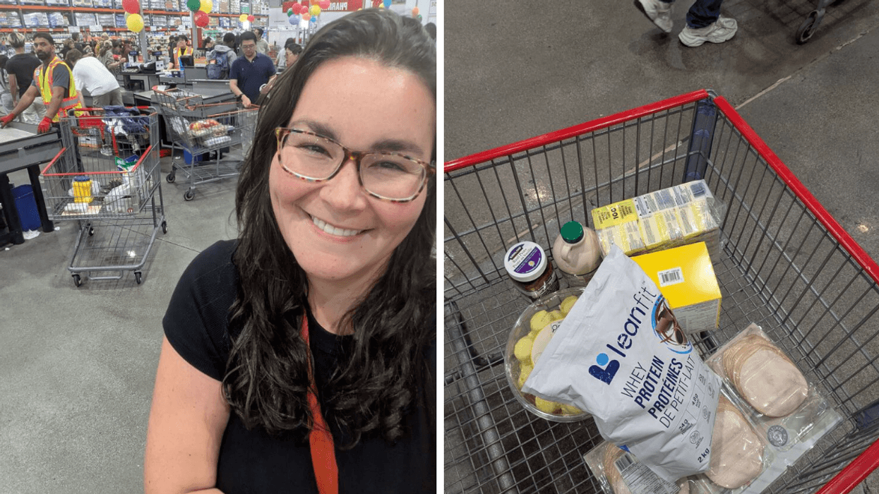 Left: A dark haired woman with glasses smiling. Right: a shopping cart with food items in it