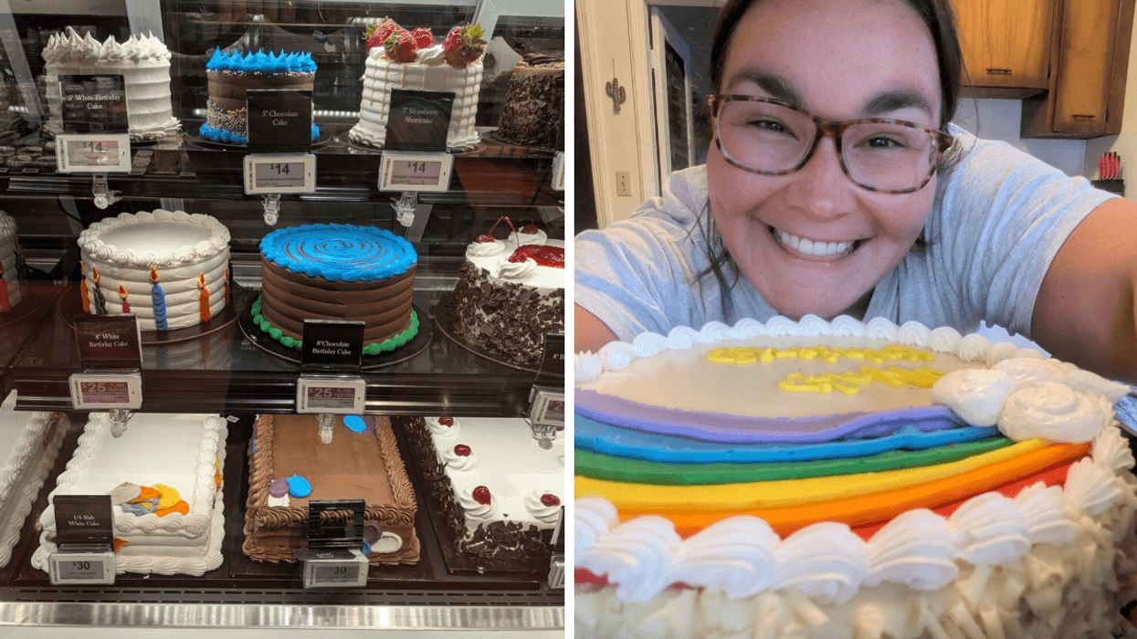 Left: a display of cakes at a store; Right: a woman with glasses smiling with a rainbow cake right in front of her