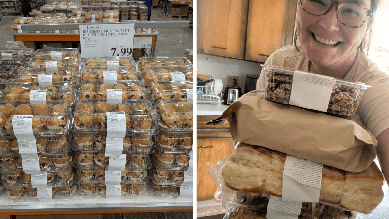 Left: a display of muffins at Costco; Right: a woman with glasses posing with a stack of baked goods