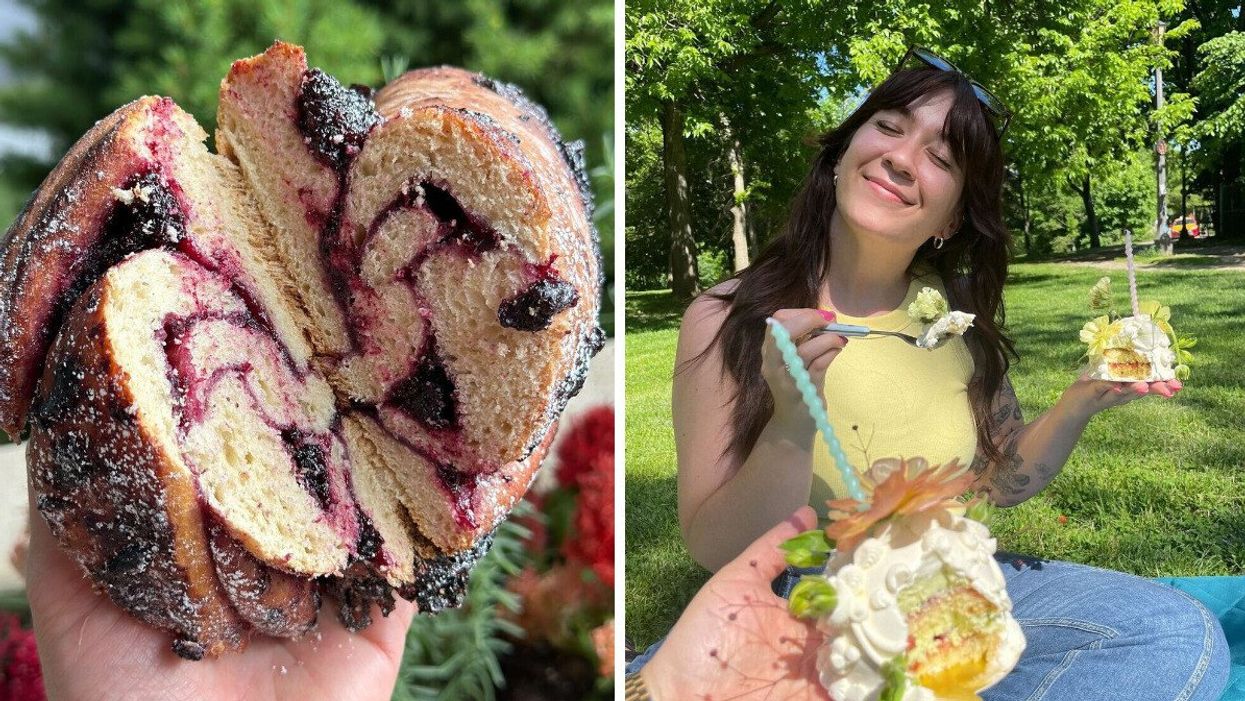 Left: A lemon blueberry sourdough swirl. Right: Someone enjoying a cupcake from Gallz Provisions