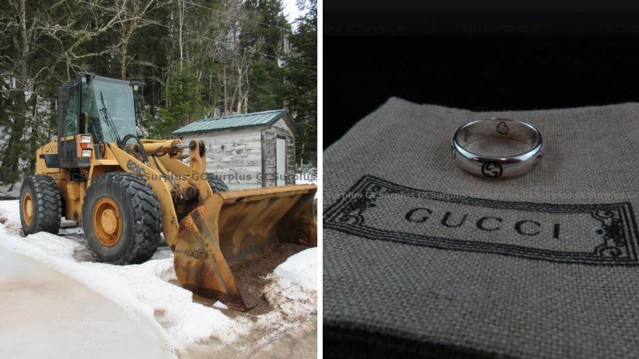 Left: A loader in the snow, Right: A Gucci ring