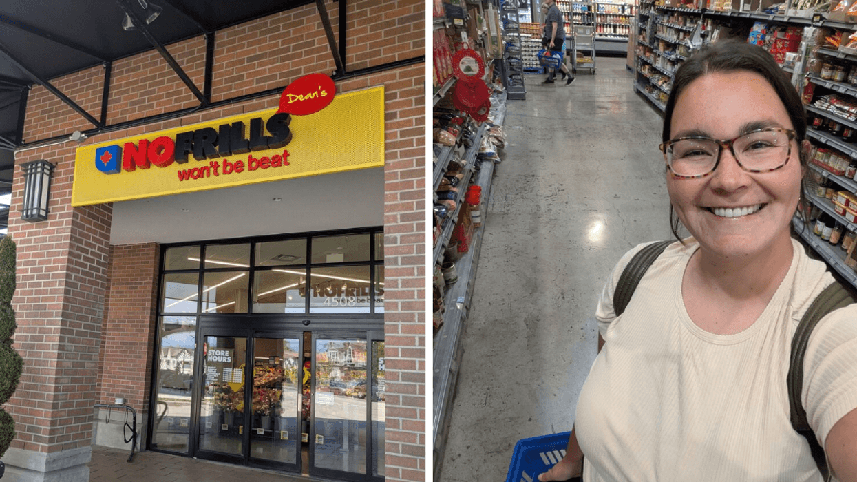 Left: a NoFrills store front entrance; Right: a woman with dark hair and glasses in a selfie at the grocery store