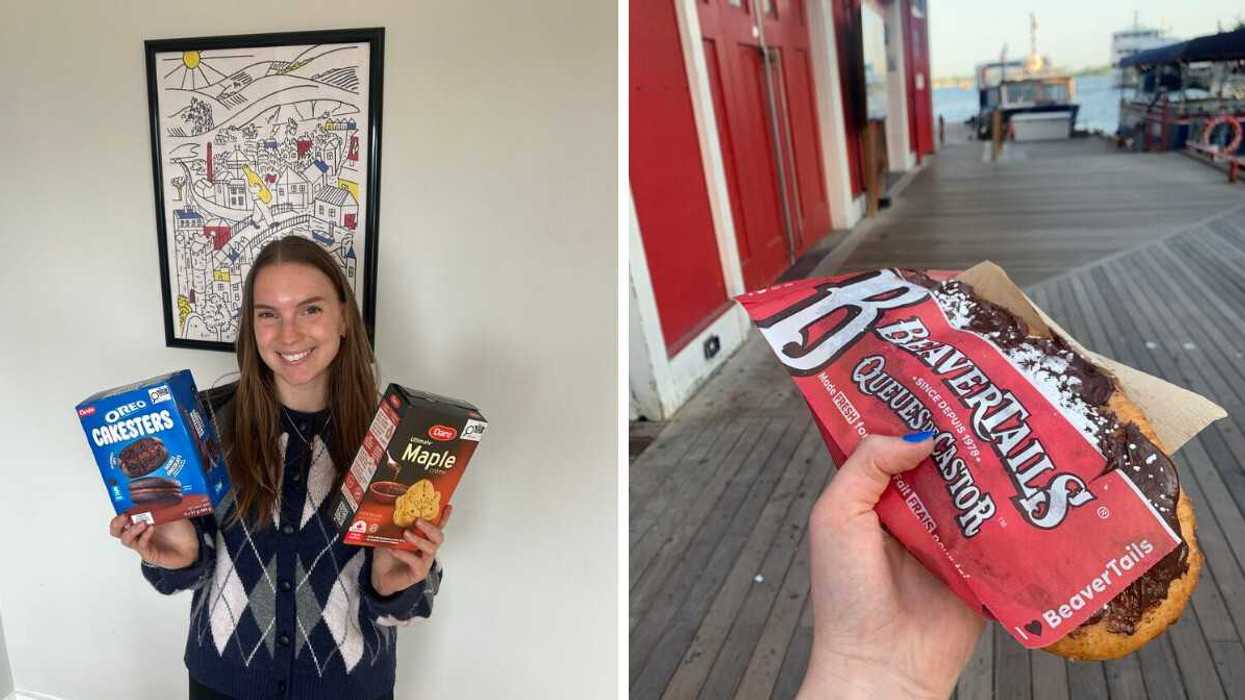 Left: A person holding a box of Oreo Cakesters and a box of maple cream cookies. Right: A Beaver Tail pastry covered in chcolate spread.