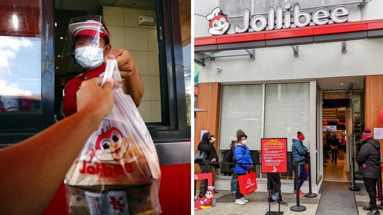 Left: A person picks up their Jollibee takeout order; Right: people line up outside for Jollibee Vancouver.
