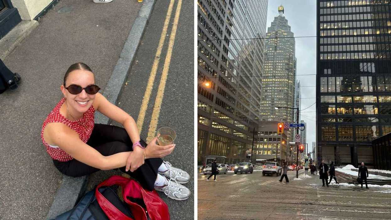 Left: A person sat on a sidewalk holding a drink. Right: Downtown Toronto.