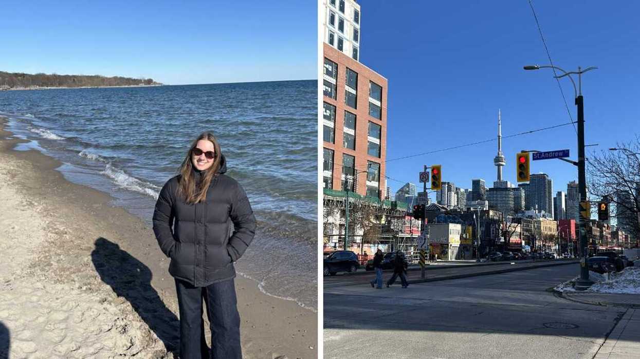 Left: A person standing on a beach. Right: A Toronto street with the CN Tower in the distance.