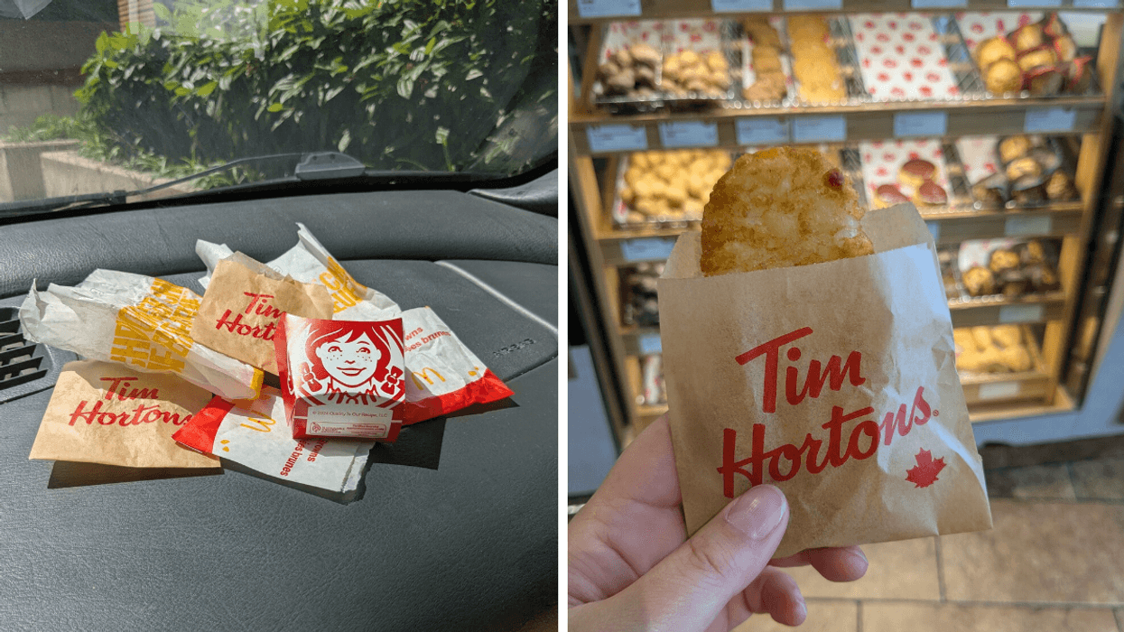 Left: a pile of wrappers on a car dashboard; Right: someone holding a Tim Hortons hash brown in front of a donut case