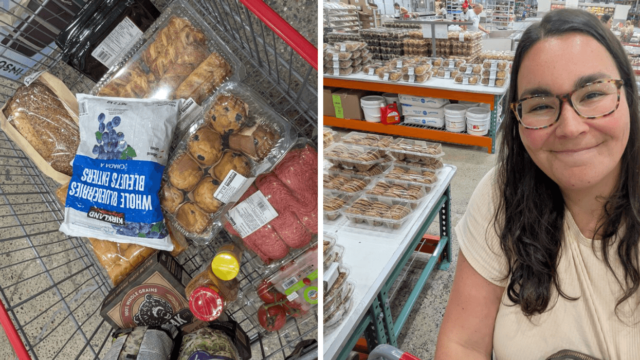 Left: a shopping cart full of Costco items; Right: a selfie of woman with dark hair and glasses in front of a Costco bakery