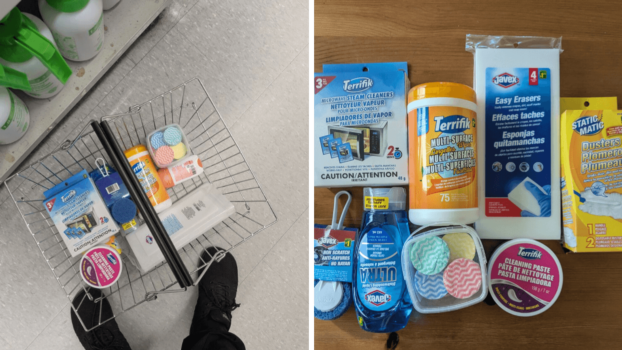 Left: a shopping cart with cleaning supplies in it; Right: cleaning supplies on a table