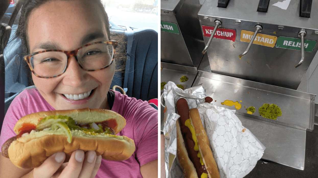 Left: a smiling woman with glasses holding up a hot dog in a selfie; Right: someone holding a hotdog in front of a condiments stand