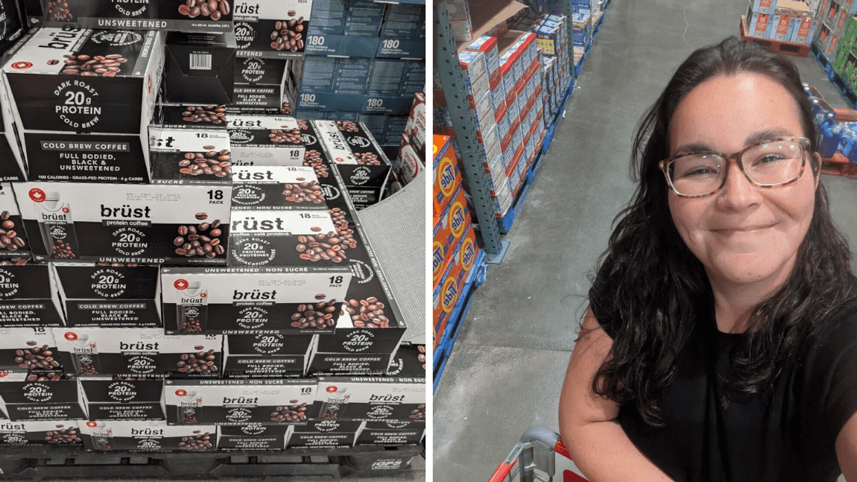 Left: a stack of boxes of protein coffee; Right: a selfie of a woman with dark hair and glasses