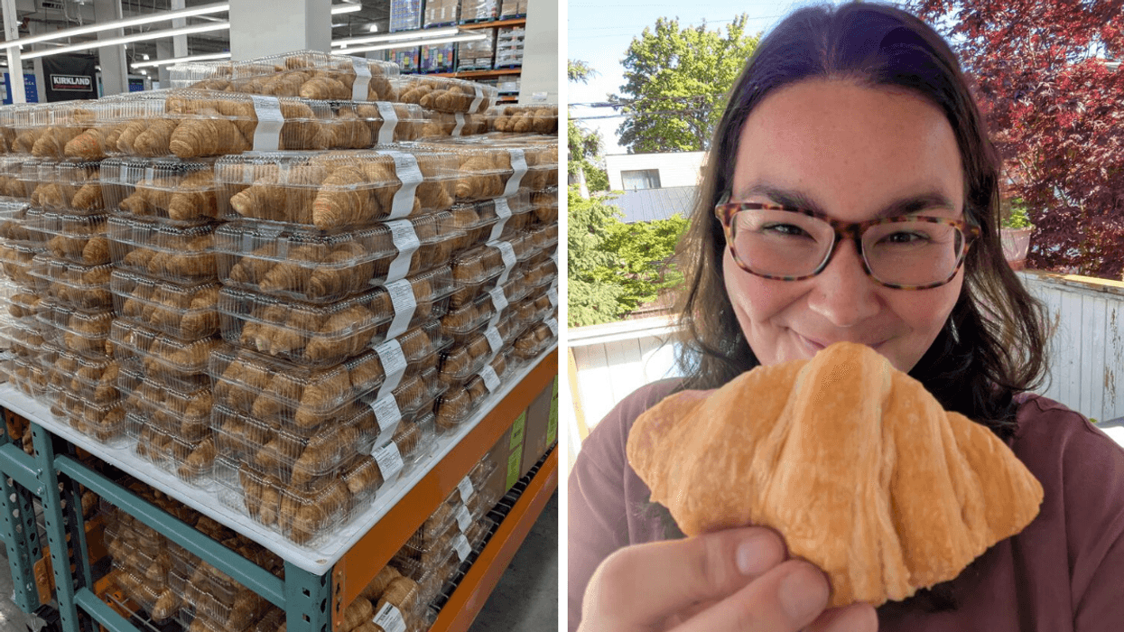 Left: a stack of croissants in packages at Costco; right: a woman with dark hair and glasses holding up a croissant