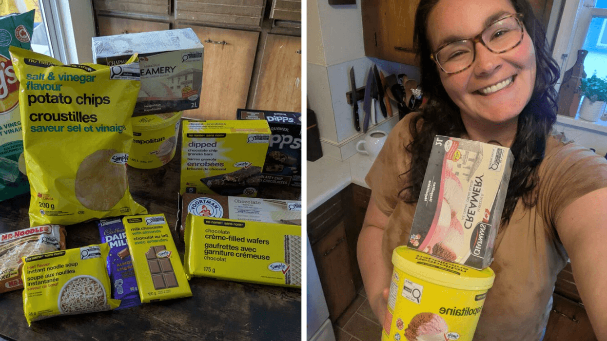 Left: a table spread of snacks with no name brands and their brand-name counterparts; Right: a woman smiling holding a no name and brand name tub of ice cream