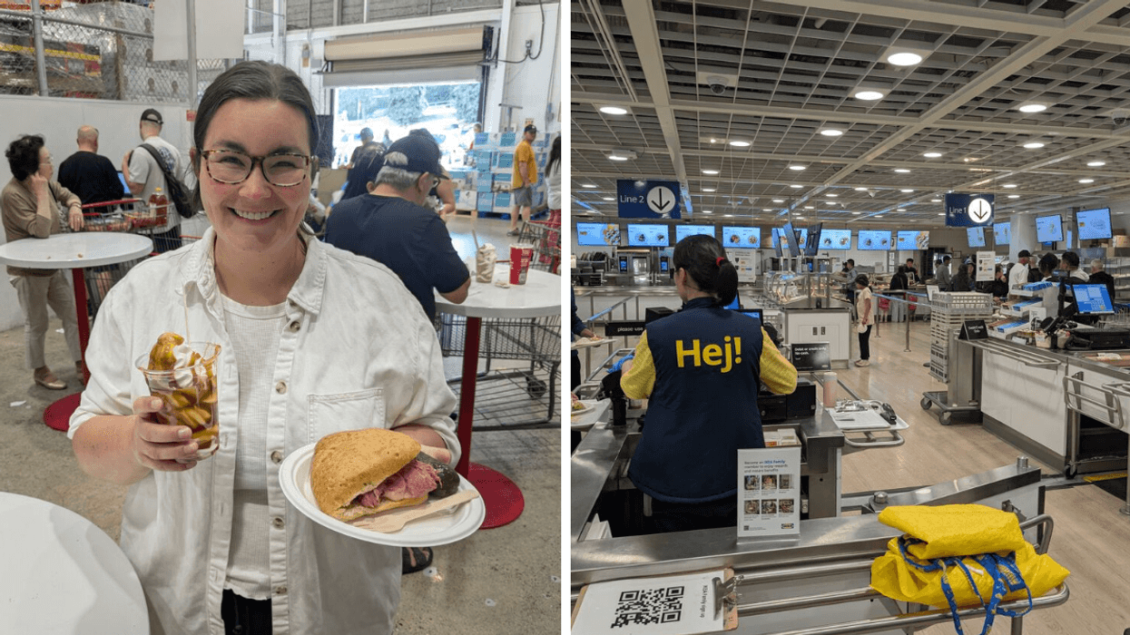 Left: a woman holding a Costco sandwich and ice cream sundae; Right: an IKEA food court with an employee wearing a vest that says "Hej!"