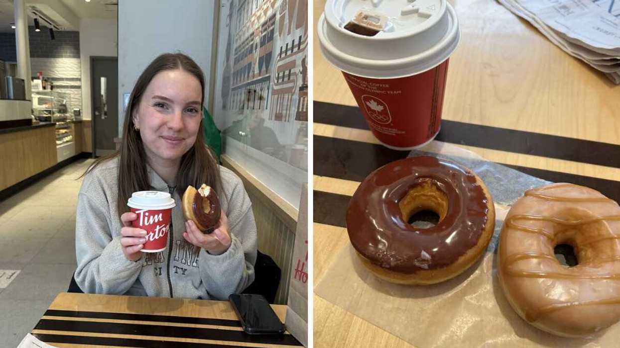 Left: A woman holding a donut and a coffee cup. Right: Two donuts next to a coffee cup.