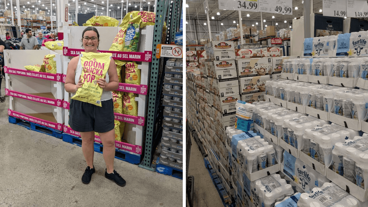 Left: A woman holding a large bag of popcorn; Right: stacks of protein shakes at Costco