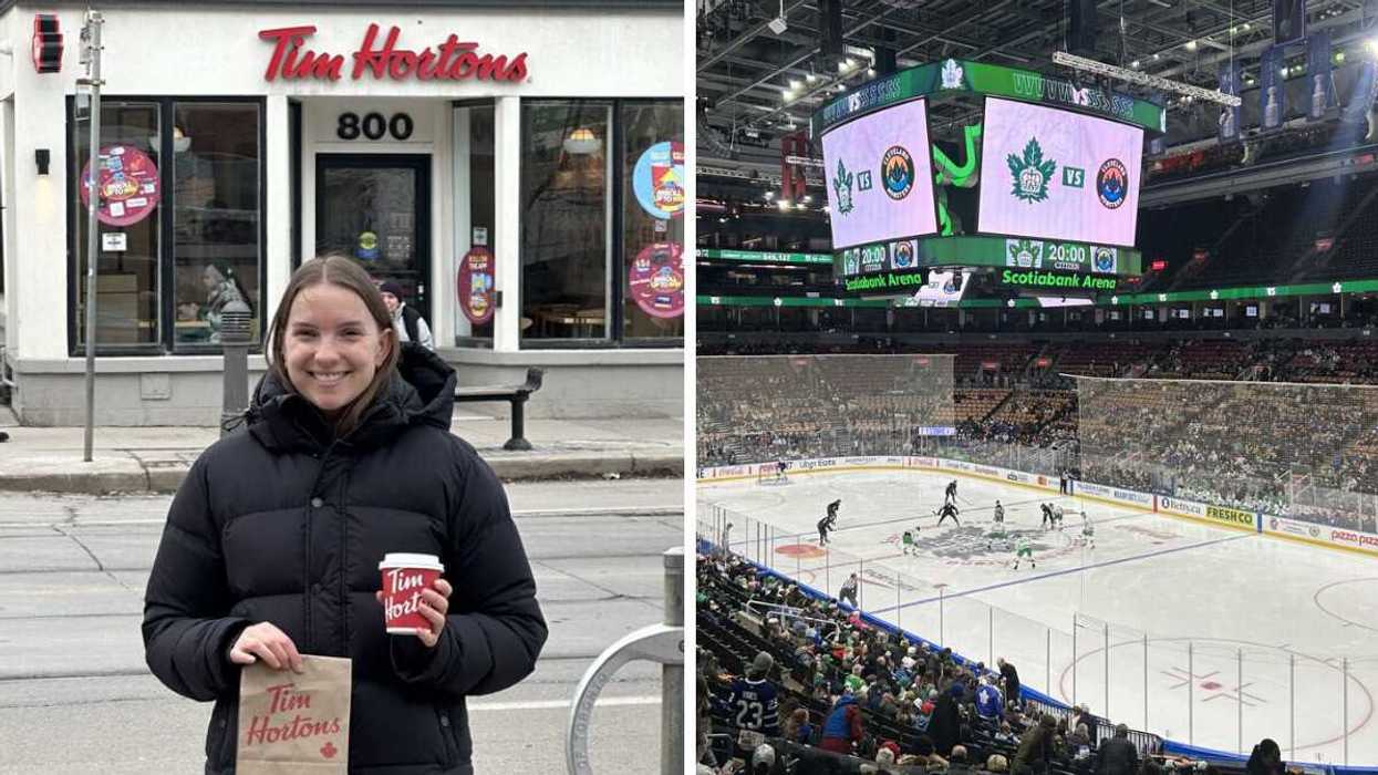 Left: A woman holding a Tim Horotons bag and coffee cup outside a Tim Hortons store. Right: An ice hockey match.