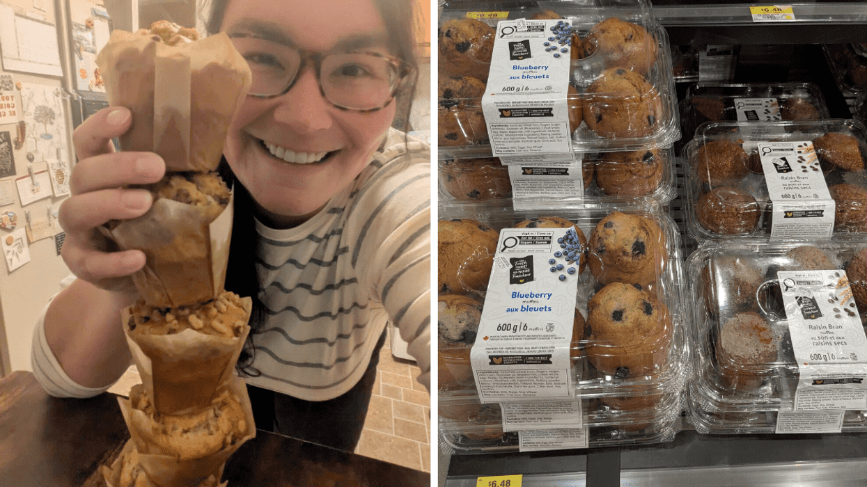 Left: a woman posing with a stack of muffins. Right: packages of muffins on display