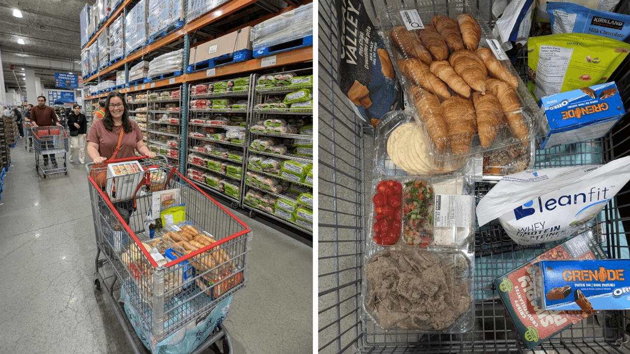 Left: A woman pushing a grocery cart at Costco; Right: a full shopping cart