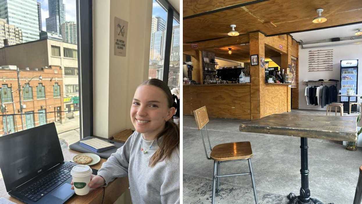 Left: A woman sat with a coffee and a laptop by a window. Right: The inside of a coffee shop.
