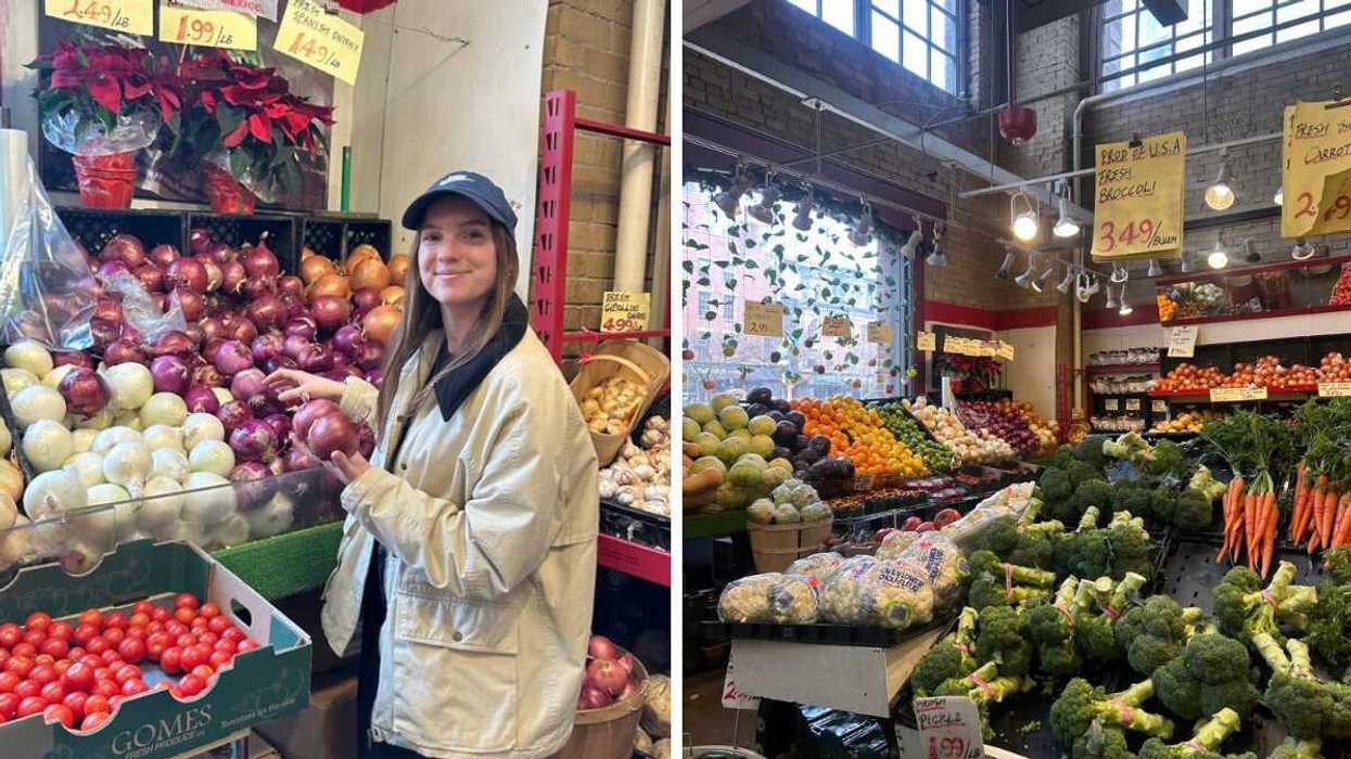 Left: A woman shopping for vegetables at a market. Right: A vegetable stall at a market.