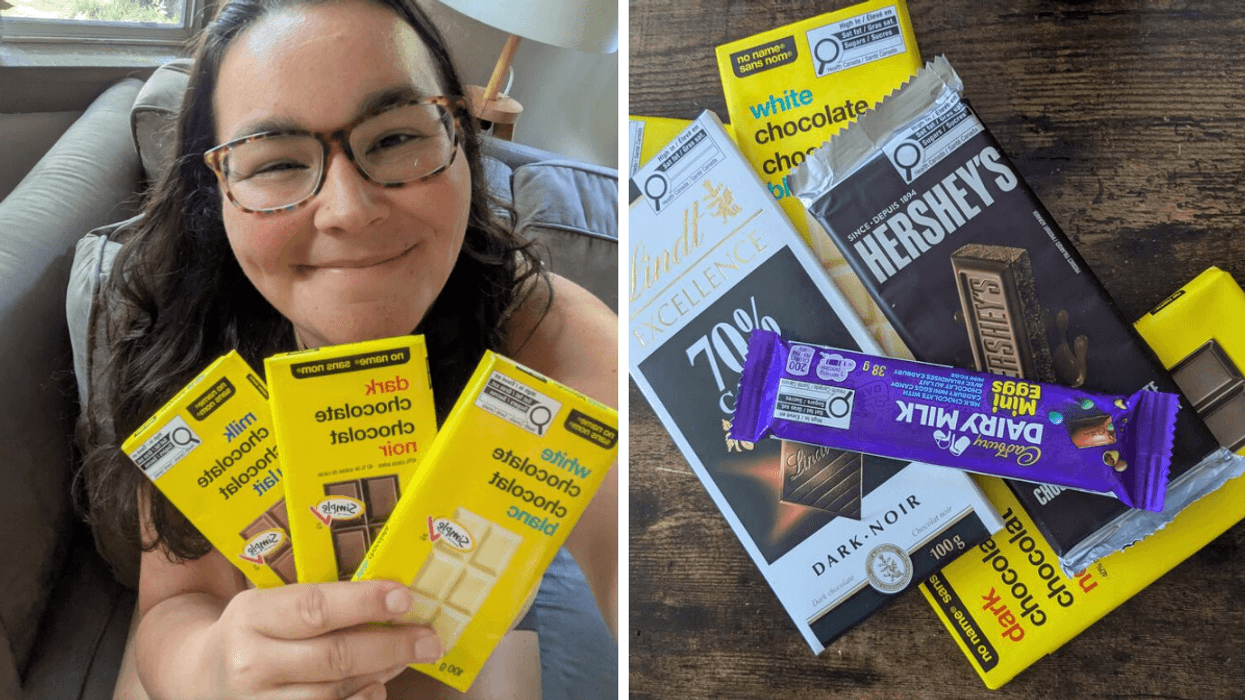 Left: A woman with dark hair and glasses; Right: a pile of chocolate bars on the counter