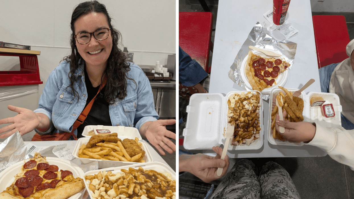Left: A woman with glasses posing in front of a table of Costco food; Right: aerial image of two people eating Costco food