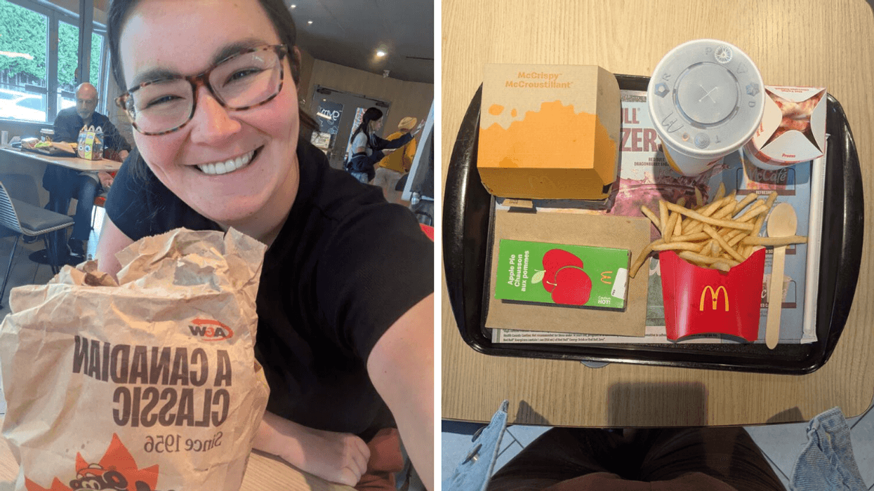 Left: A woman with glasses smiling with a A&W paper bag; Right: a McDonald's meal on a tray sitting on a table