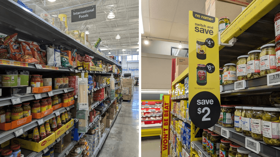 Left: aisle of food with a sign that says "international foods"; right: food on a shelf with a sign that says "switch and save"