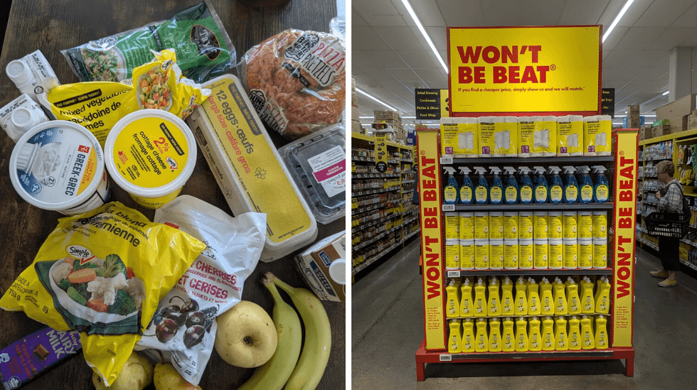 Left: an aerial image of a bunch of groceries on a table; Right: a sign at No Frills that says "wont' be beat" and cleaning products