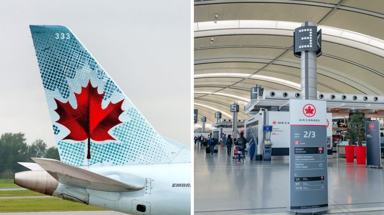 Left: An Air Canada plane. Right: Inside Toronto Pearson Airport.