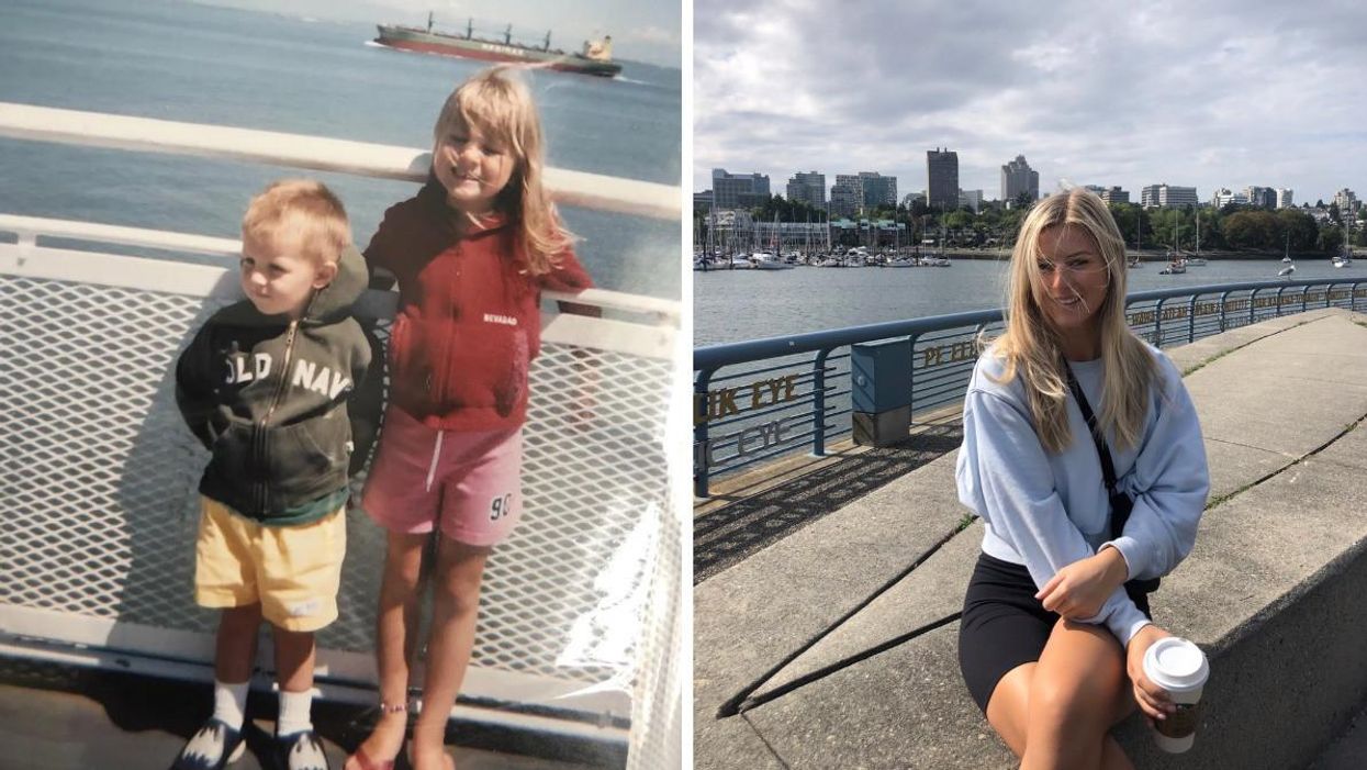 Left: Ashley Harris and her brother on BC Ferries. Right: Narcity writer Ashley Harris.