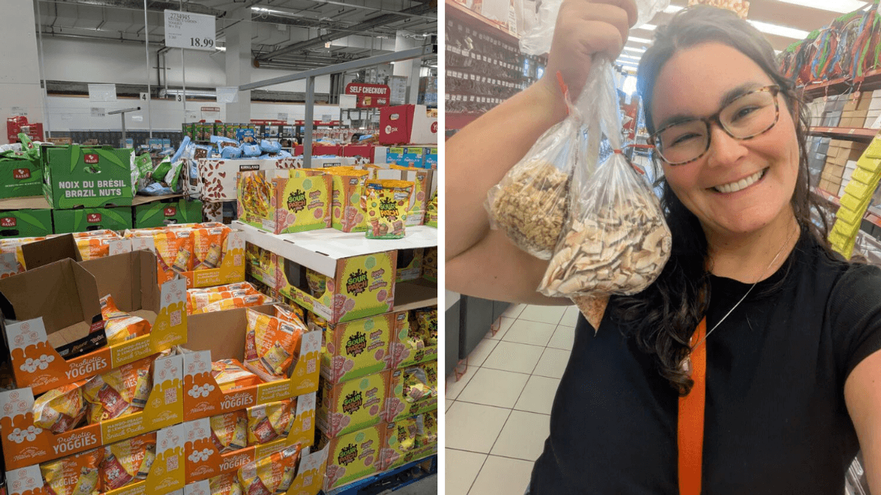 Left: Boxes stacked in a display; Right: Woman buying snacks and nuts.