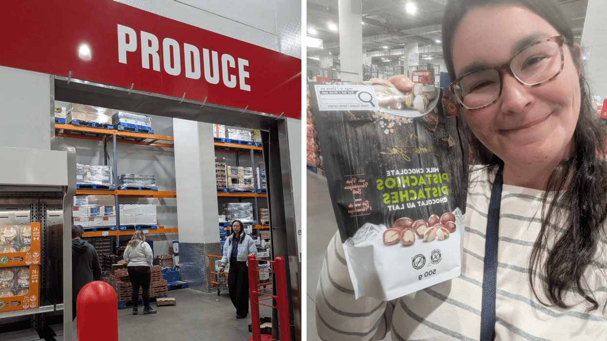 Left: Costco produce section with people shopping; Right: person holding bag of milk chocolate pistachios