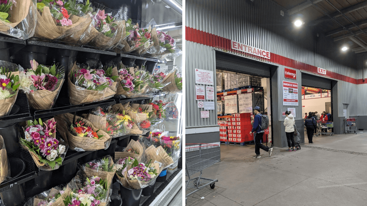 Left: Flower bouquets on a shelf. Right: entrance to a Costco.