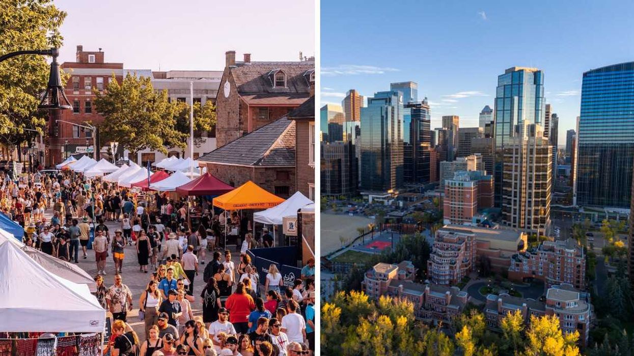 Left: Garrison Night Market in Fredericton. Right: Aerial view of downtown Calgary.