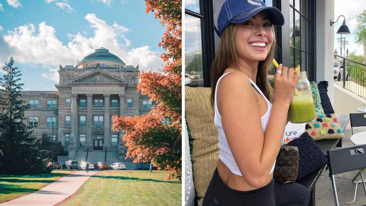 Left: Historic building with columns; Right: Smiling woman drinking a green smoothie on a patio.