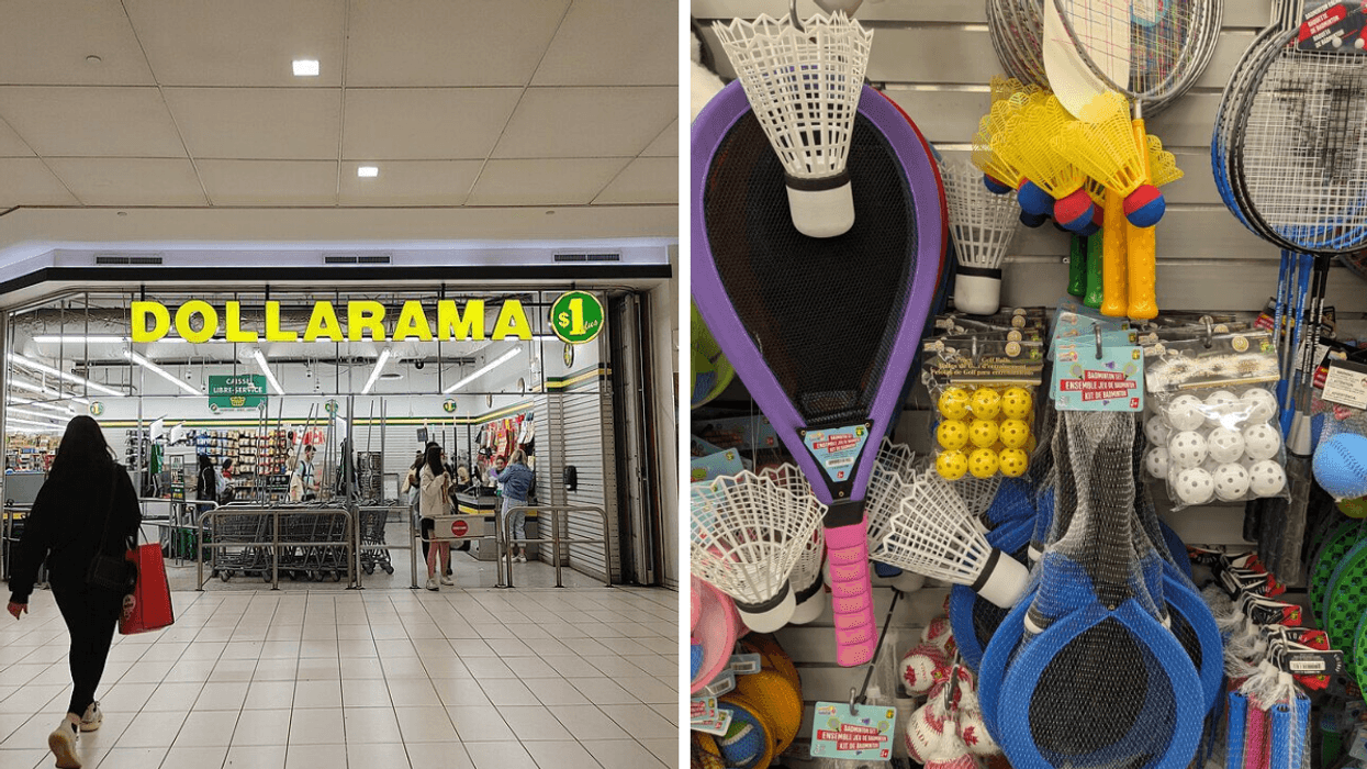 Left image is a person walking towards a Dollarama store, right image is a bunch of sports rackets on a shelf