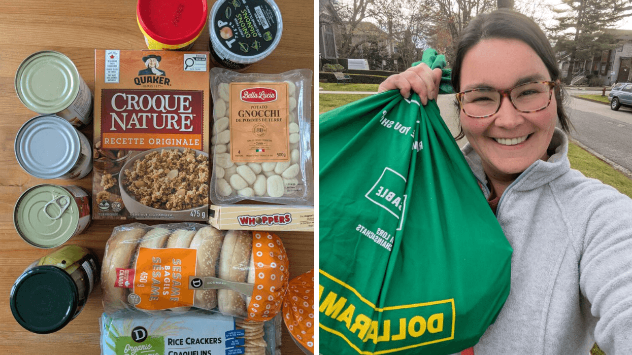 Left image is an aerial photo of a grocery haul from Dollarama; right image is a woman wearing glasses smiling while holding a Dollarama bag up