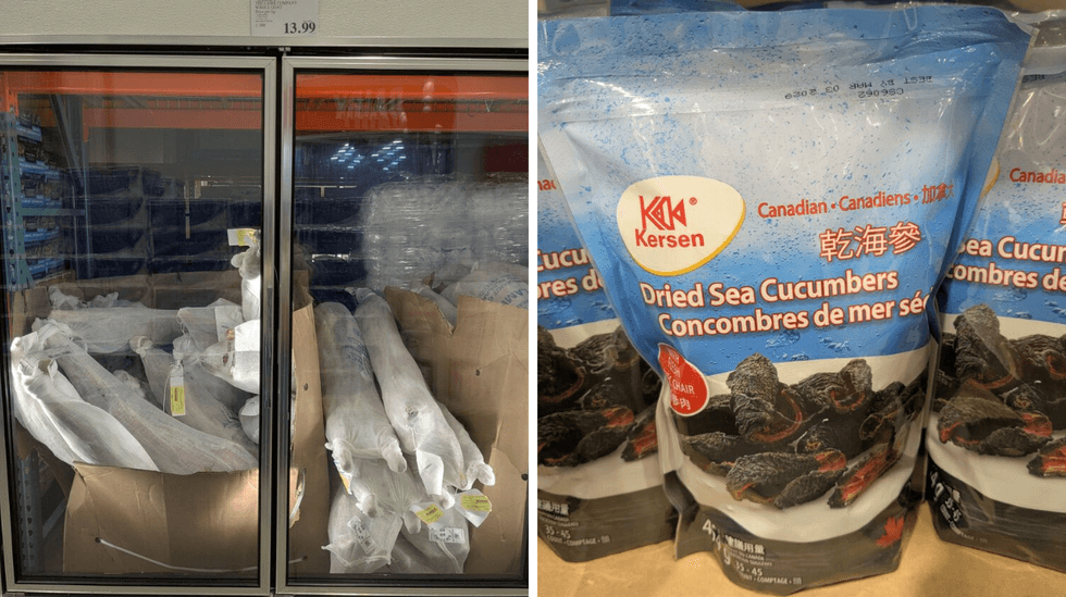 Left: image of goats for meat wrapped and in a fridge at Costco; Right: a bag of dried sea cucumbers