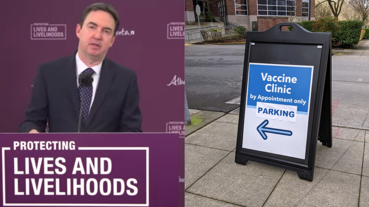 Left image shows Minister of Labour and Immigration Jason Copping at a public announcement on Tuesday, April 21. The right image shows a sandwich board that says "Vaccine Clinic" with an arrow.