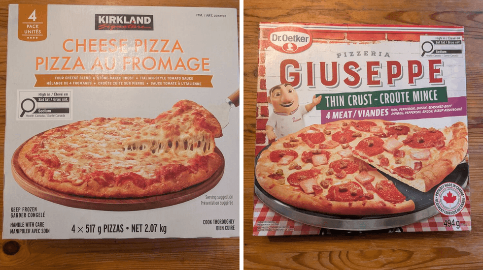 Left: Kirkland cheese pizza box; Right: Dr. Oetker pizza box