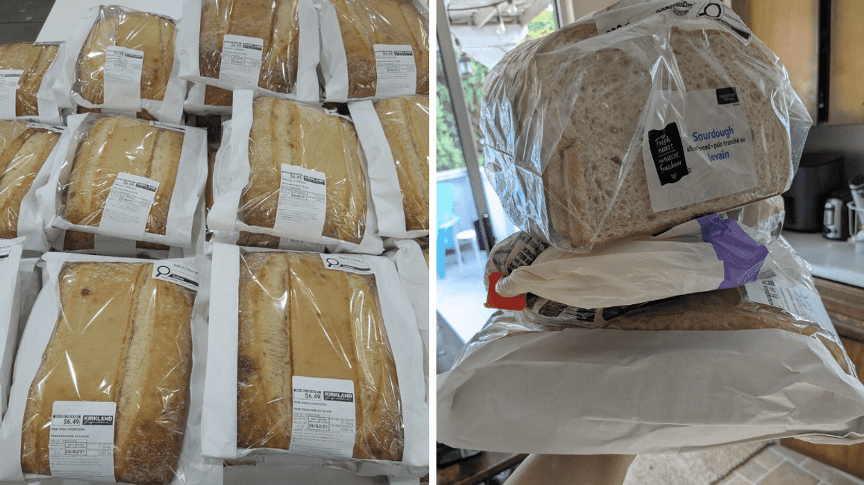 Left: Loaves of Costco sourdough bread on a shelf; Right: someone holding a stack of three loaves of bread