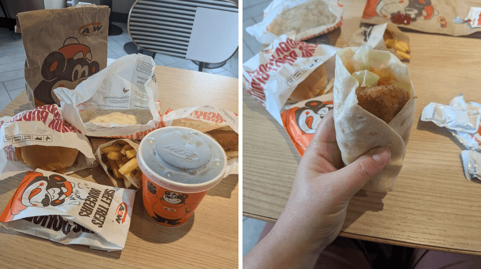 Left: Multiple A&W food products on a table; Right: someone holding a chicken wrap