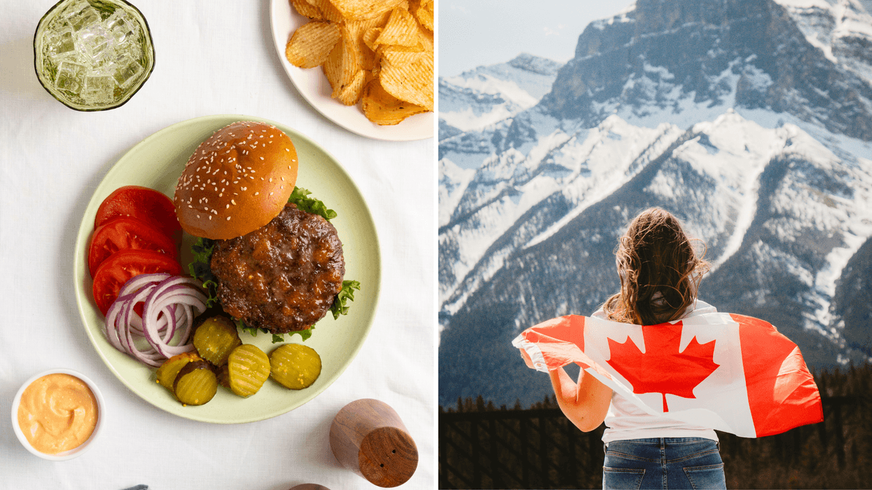 Left: Overhead view of a burger meal with lettuce, tomato, red onion, pickles, potato chips, and a cold drink on a white table. Right: A person seen from behind with a Canadian flag draped over their shoulders looking toward snow-capped mountains.
