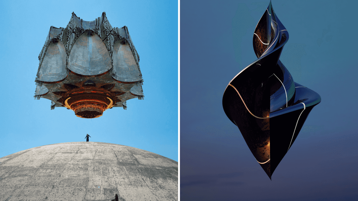Left: Person beneath hovering structure. Right: Abstract twisted sculpture.