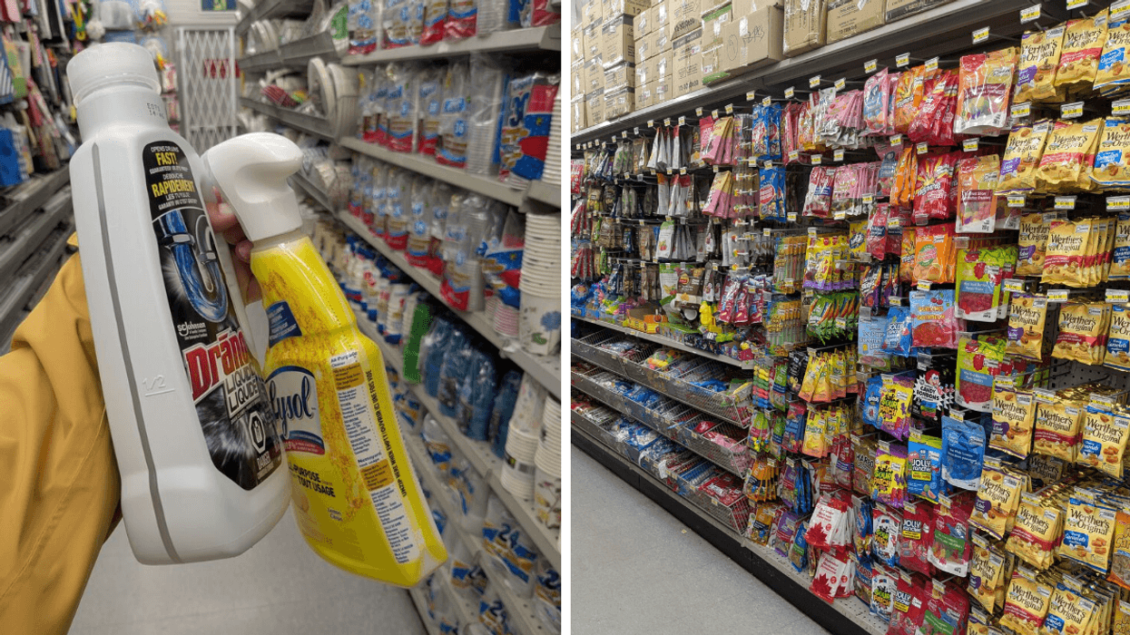 Left: person holding two bottles of cleaner; Right: snack aisle at Dollarama