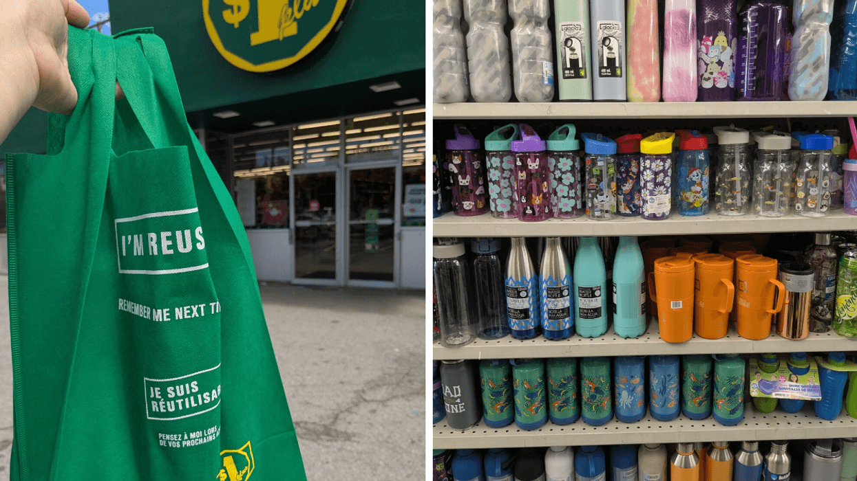 Left: person holding up a Dollarama bag in front of the store; Right: shelves full of water bottles at Dollarama
